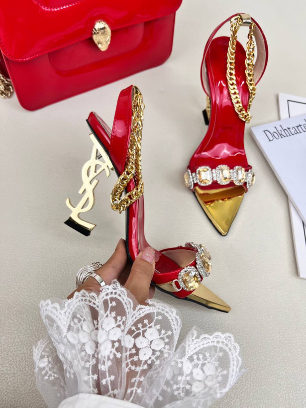 کفش پاشنه صندل زنانه 10 سانت YSL نگین دار Yves Saint Laurent کد 1425
