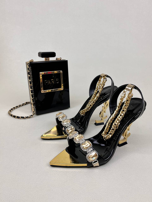 کفش پاشنه صندل زنانه 10 سانت YSL نگین دار Yves Saint Laurent کد 1425