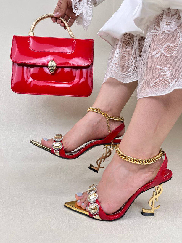 کفش پاشنه صندل زنانه 10 سانت YSL نگین دار Yves Saint Laurent کد 1425