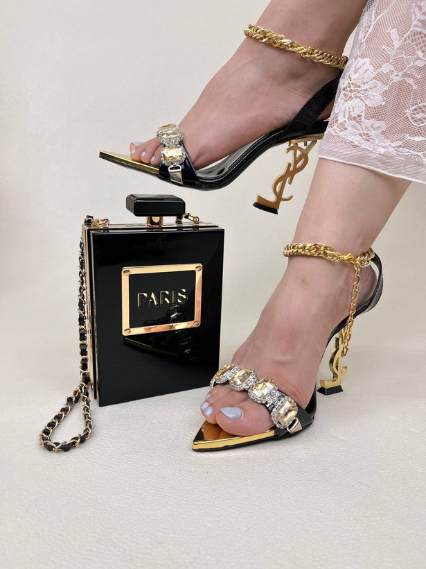 کفش پاشنه صندل زنانه 10 سانت YSL نگین دار Yves Saint Laurent کد 1425