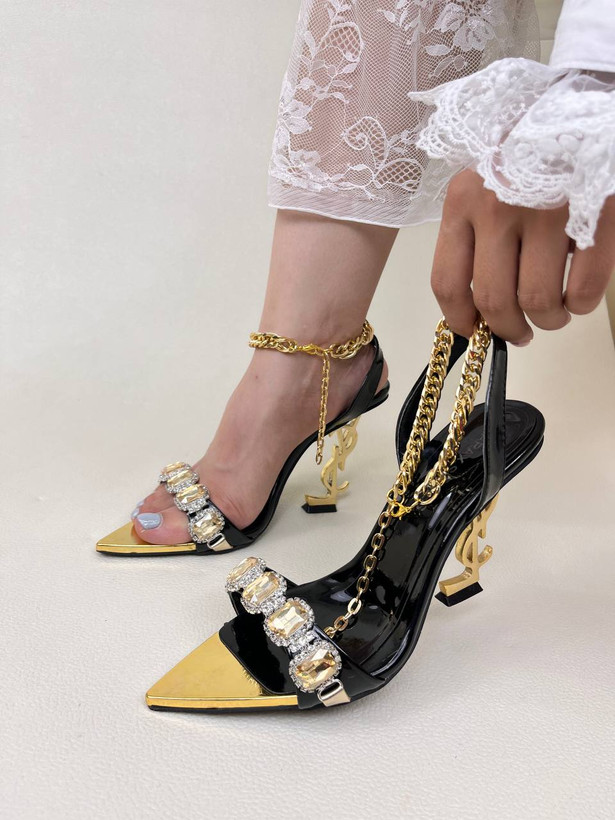 کفش پاشنه صندل زنانه 10 سانت YSL نگین دار Yves Saint Laurent کد 1425